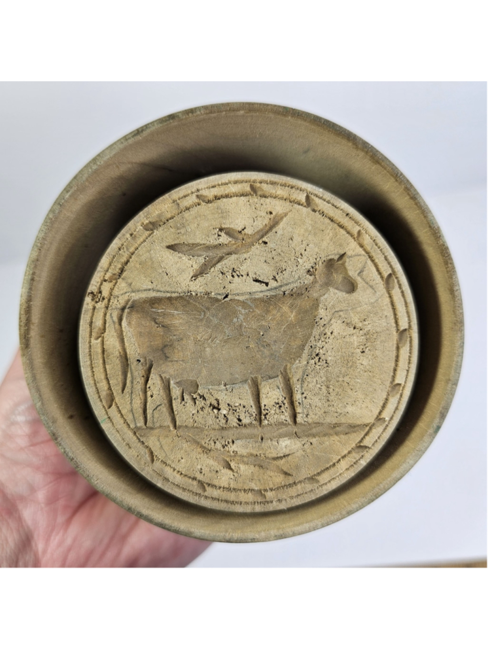 Vintage Wooden Butter Mold Press Cow Design Primitive Farmhouse Dairy Tool